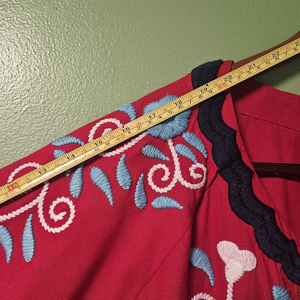 Frances Valentine Embroidered Peacock Caftan Red & Blues Maxi Dress - Picture 12 of 16